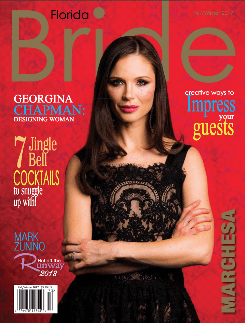 A woman in black dress posing for the cover of bride magazine.