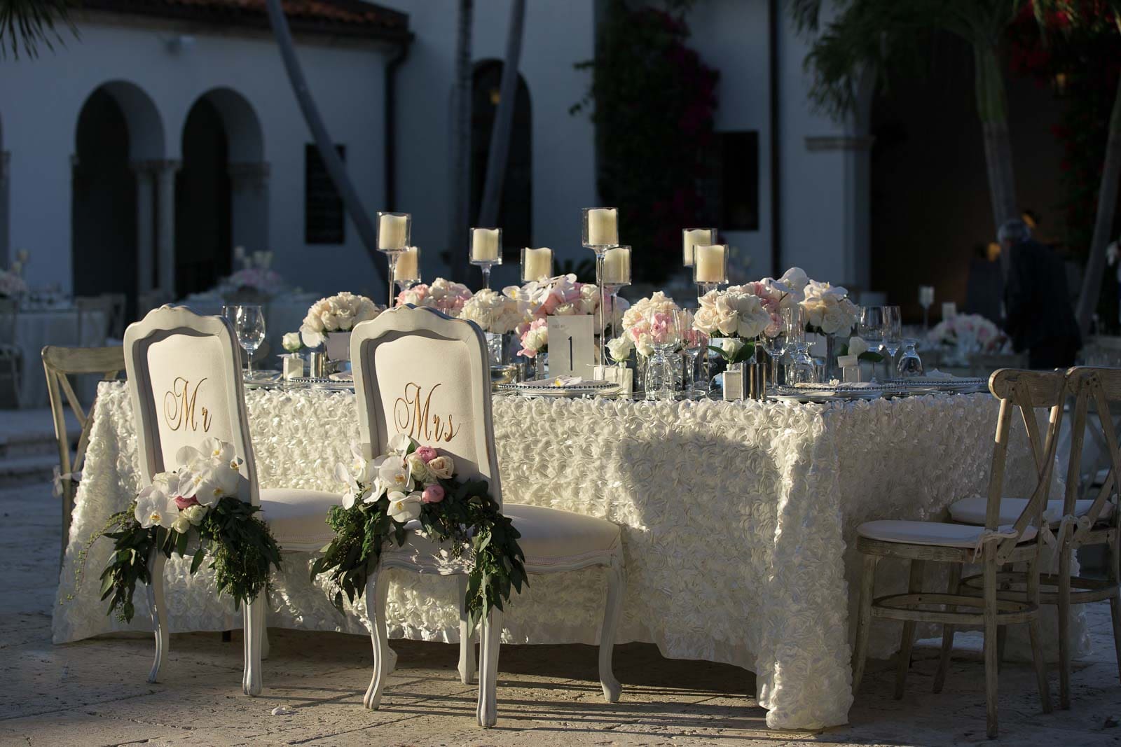 A table set up with white chairs and candles.