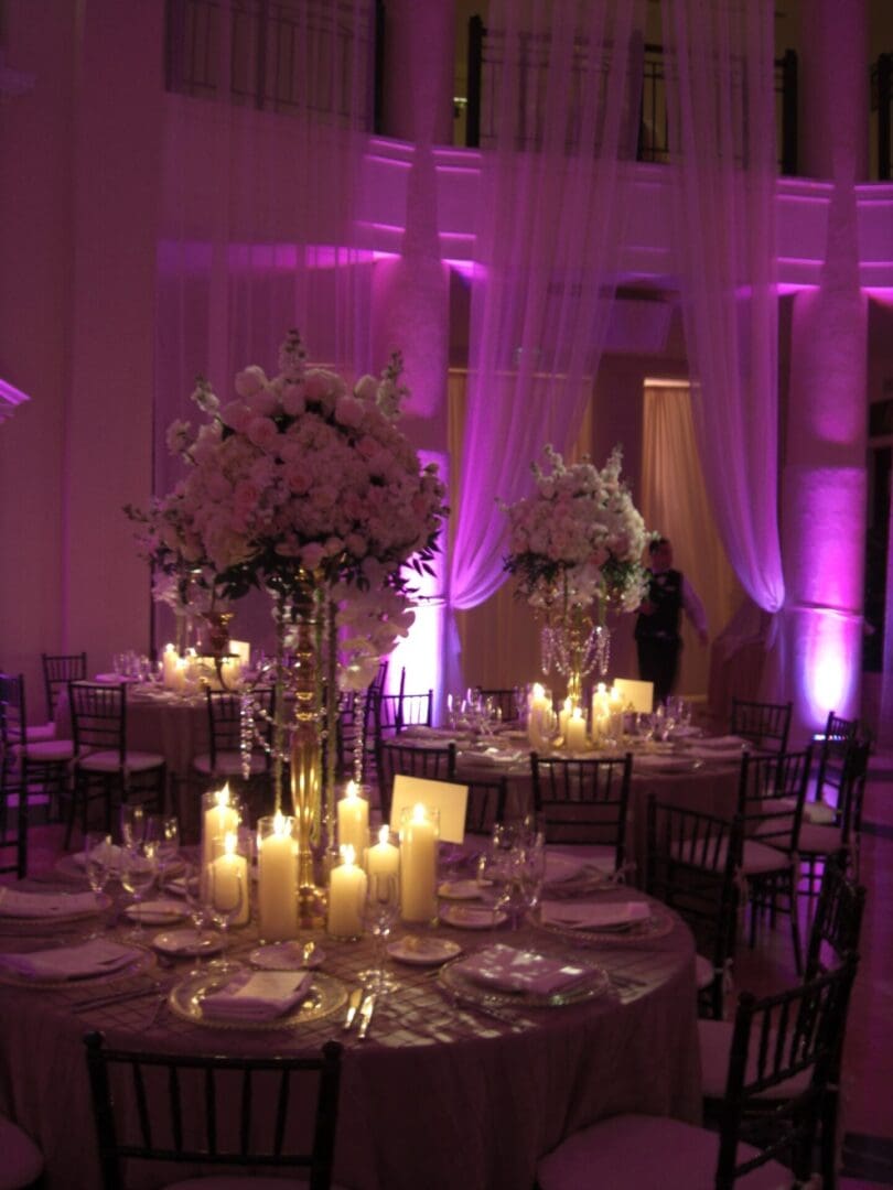 A table with candles and flowers in it