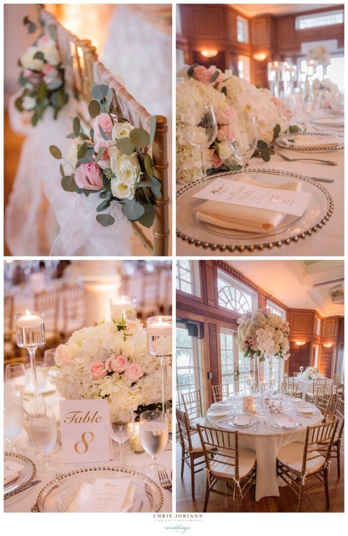 Collage of elegant wedding decor, featuring close-up shots of floral arrangements, a table setting with name cards, and centerpieces in a softly lit banquet hall.