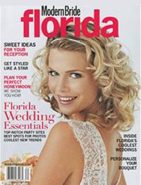 Cover of "modern bride florida" magazine featuring a smiling blonde woman in a white dress, with text highlighting articles and ideas for florida weddings.