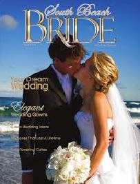 Cover of "south beach bride" magazine featuring a bride and groom kissing by the ocean, with text about wedding gowns and ideas.